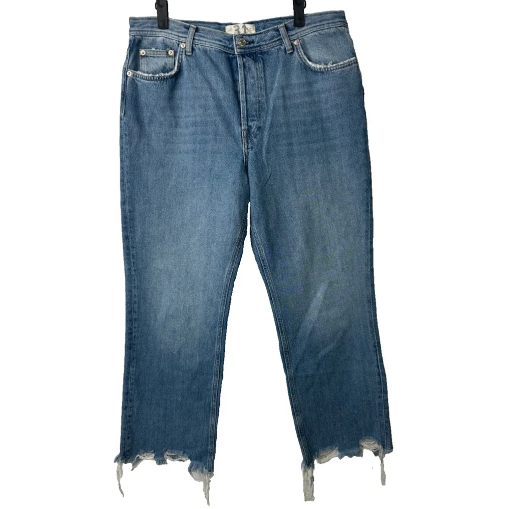WE THE FREE BLUE JEANS SIZE 31 FREE PEOPLE BUTTON FLY RAW HEM HIGH RISE Boho A51 - Picture 1 of 8